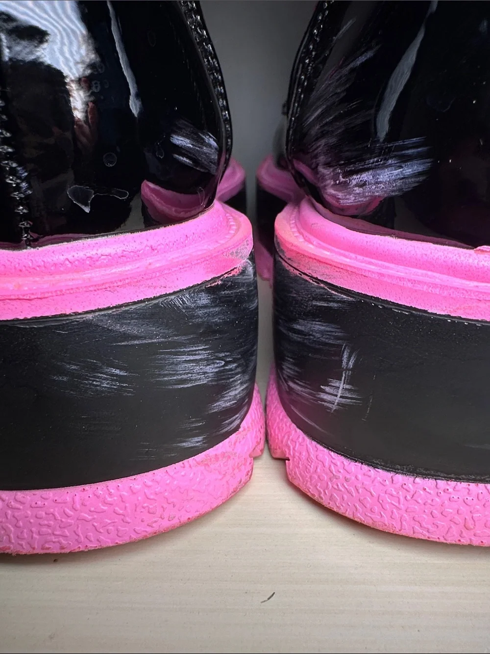 Demonia Slacker-52 Black Patent Platform Boot with Hot Pink Accents